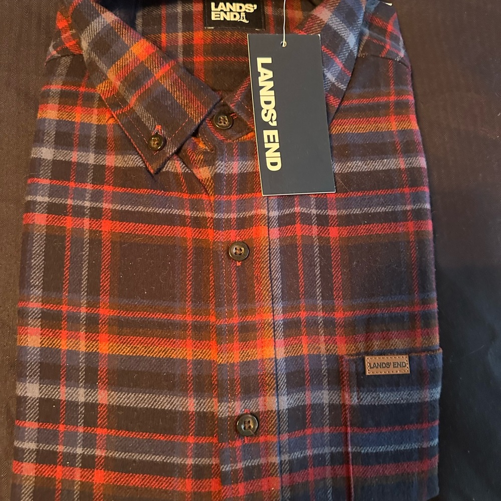 Lands' End Men's Casual Plaid Shirt - Navy and Red